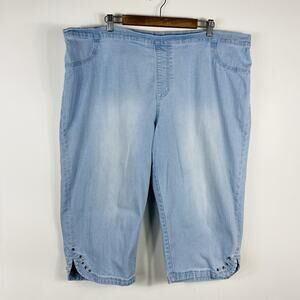 Catherines Capri Jeans 2X Blue Timeless Fit Pull On Embellished Hem